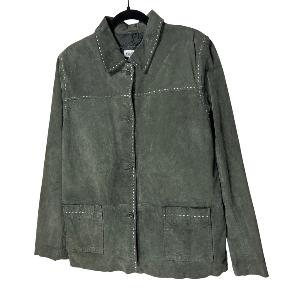 VTG Denim & Co Suede Leather Jacket Contrast Stitch Button Front Green Sz Large